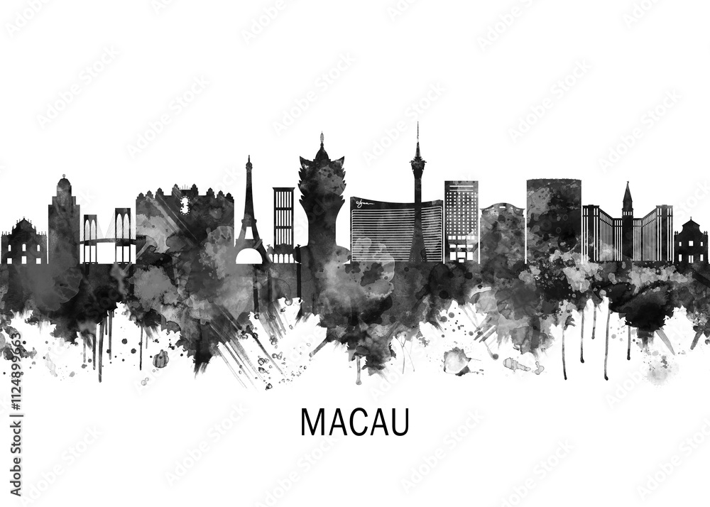 Fototapeta premium Macau China Skyline BW, cityscape landscape watercolor painting print abstract splash illustration art modern urban poster artwork landmarks skyscrapers