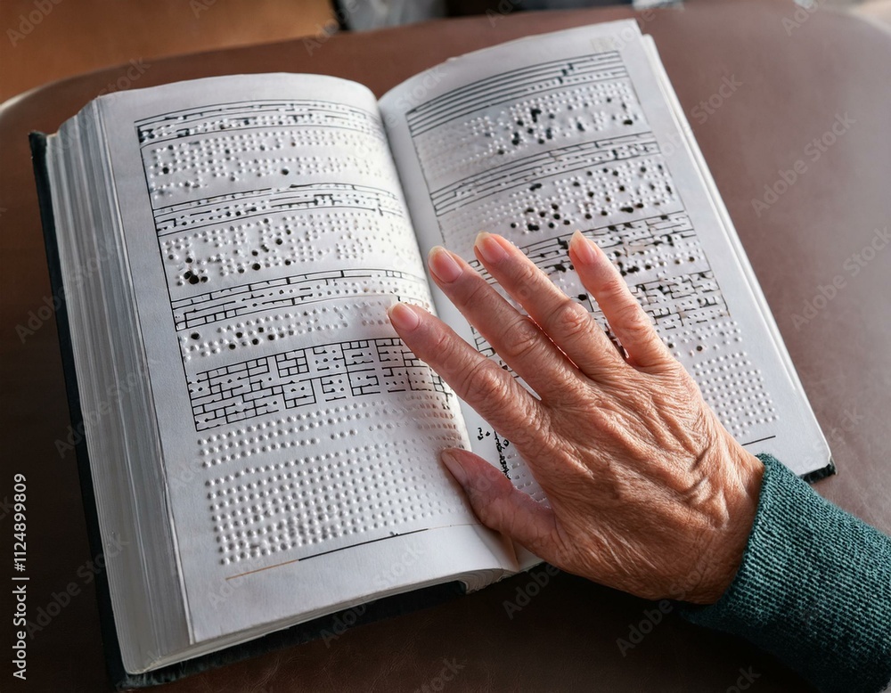 Naklejka premium Generated image A close-up of a Braille manual or guide, with hands flipping through the pages