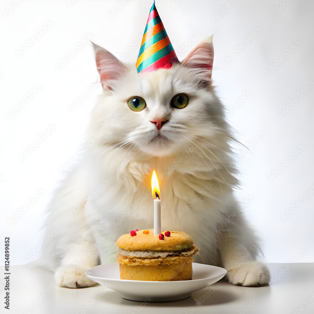 white fluffy cat with birthday cake white fluffy cat with birthday cake