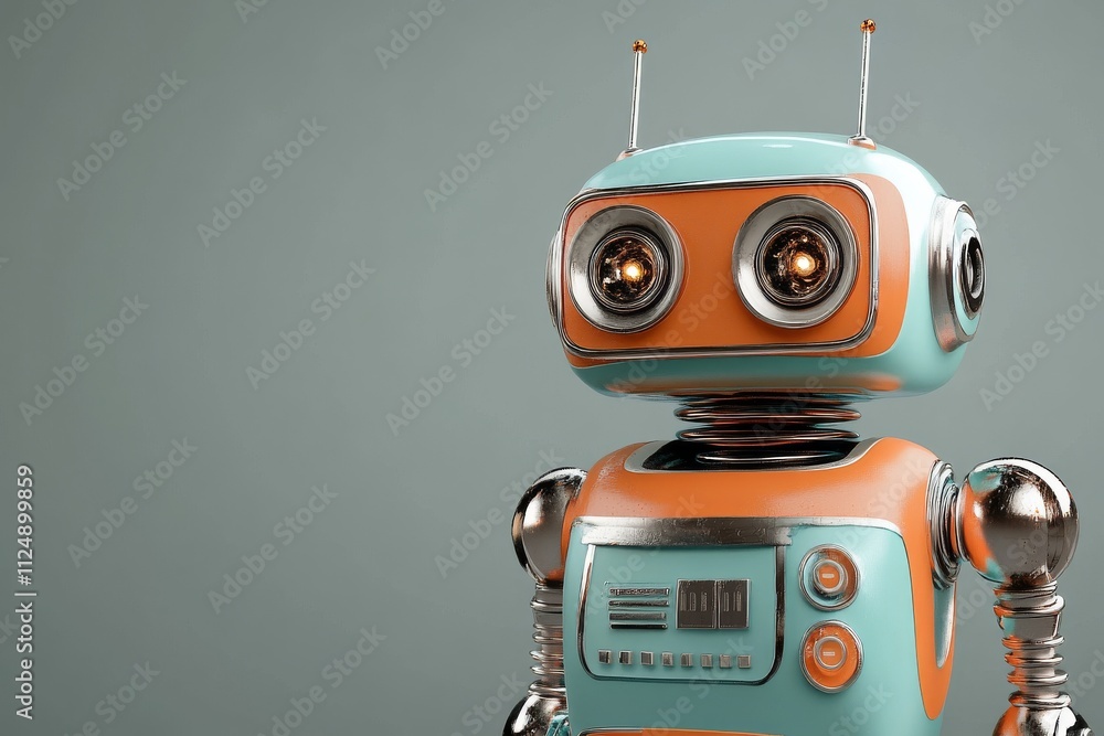 Fototapeta premium Retro robot with bright colors and intricate design in a minimalist studio setting