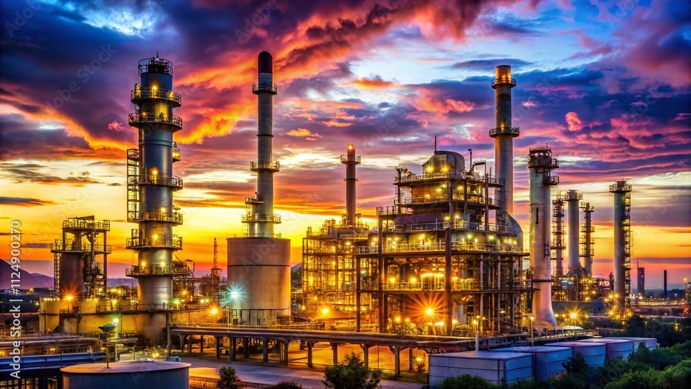 Fototapeta premium Captivating Low Light Photography of an Oil Refinery Plant at Twilight, Showcasing Industrial Structures and Reflections in the Dusk Sky