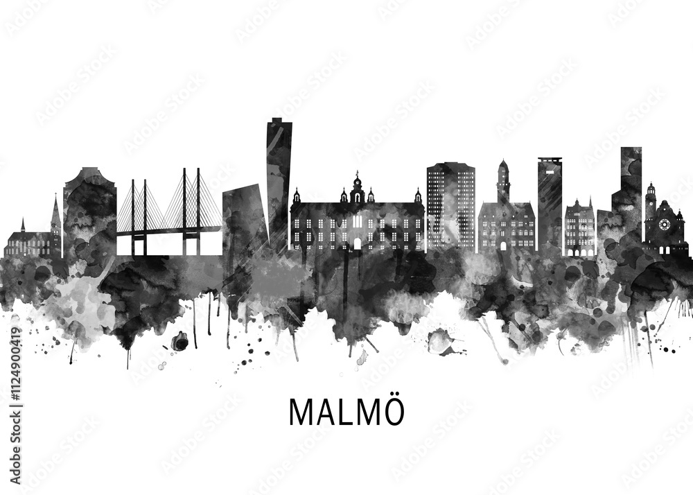 Obraz premium Malmo Sweden Skyline BW, cityscape landscape watercolor painting print abstract splash illustration art modern urban poster artwork landmarks skyscrapers
