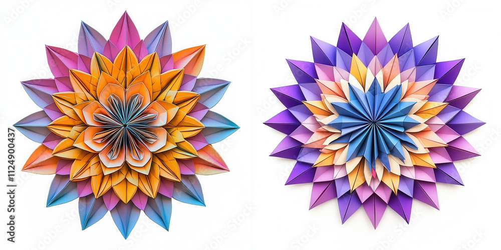 Origami. A vibrant symmetrical design featuring layered paper petals in warm and cool colors, creating a stunning floral motif. Origami. A vibrant symmetrical design featuring layered paper petals in warm and cool colors, creating a stunning floral motif.