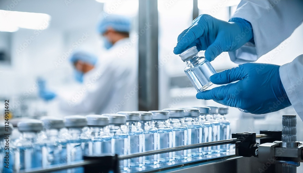 Generated image Pharmacist scientist with sanitary gloves examining medical vials on production line Generated image Pharmacist scientist with sanitary gloves examining medical vials on production line