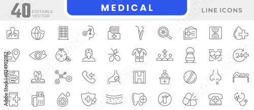 Medical line icon set. hospital, health care, emergency, doctor, diagnosis, report, illness, genetic, dna, genome, gene, chromosomes, heredity line icon set. UI thin line icon pack.