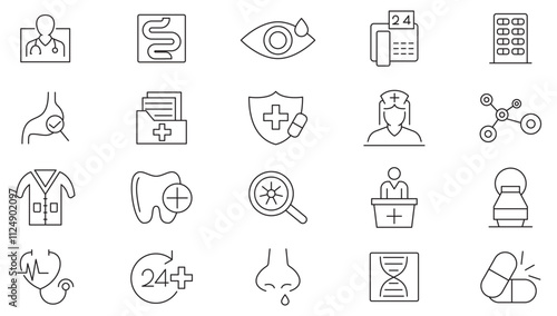 Medical line icon set. hospital, health care, emergency, doctor, diagnosis, report, illness, genetic, dna, genome, gene, chromosomes, heredity line icon set. UI thin line icon pack.