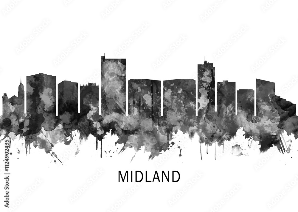 Αυτοκόλλητο Midland Texas Skyline BW, cityscape landscape watercolor painting print abstract
