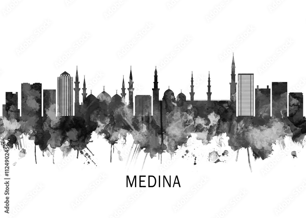 Obraz premium Medina Saudi Arabia Skyline BW, cityscape landscape watercolor painting print abstract splash illustration art modern urban poster artwork landmarks skyscrapers