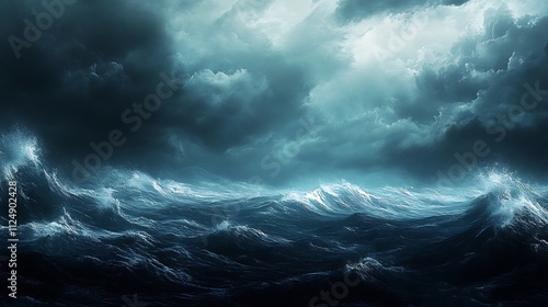 Dramatic seascape with turbulent waves and dark, stormy clouds overhead.