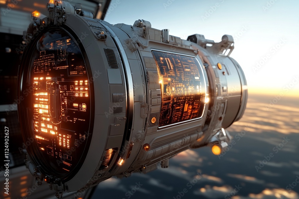 Space station module with glowing technology orbiting Earth during sunset Space station module with glowing technology orbiting Earth during sunset