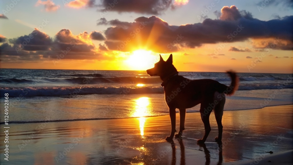 Dog Silhouetted at Sunset on a Beach Dog Silhouetted at Sunset on a Beach
