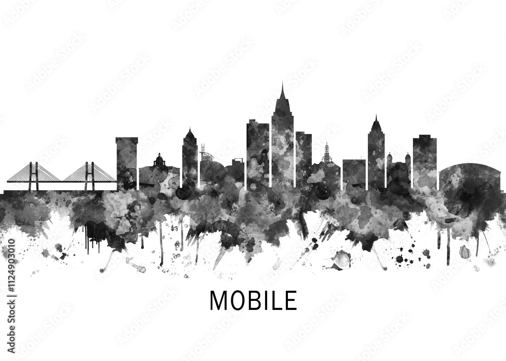 Fototapeta premium Mobile Alabama Skyline BW, cityscape landscape watercolor painting print abstract splash illustration art modern urban poster artwork landmarks skyscrapers