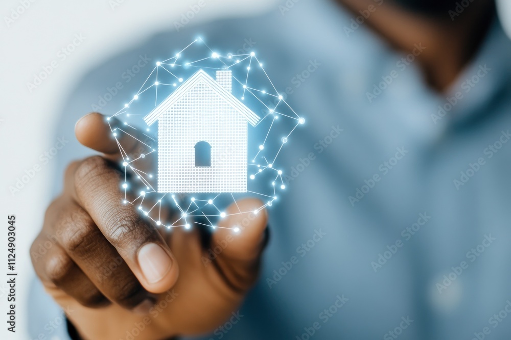 Hand interacting with digital home icon concept Hand interacting with digital home icon concept