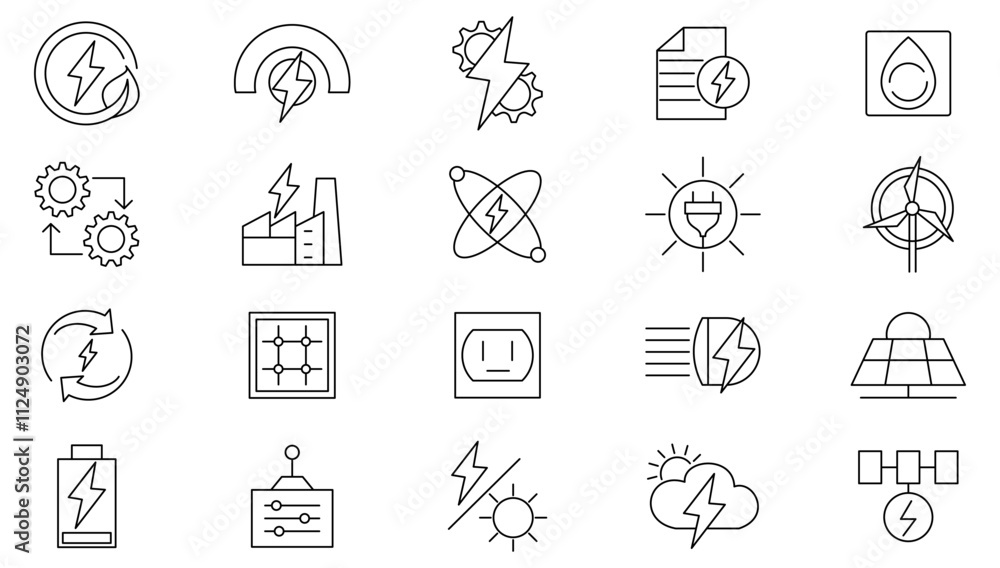 Fototapeta premium Power Purchase Agreement line icon set. tube, roof, call, broadcasting, glass, note, engage, haircut, chemical, trade, electricity supply. customizable line icon set. UI thin line icon pack.
