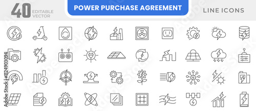 Power Purchase Agreement line icon set. tube, roof, call, broadcasting, glass, note, engage, haircut, chemical, trade, electricity supply. customizable line icon set. UI thin line icon pack.