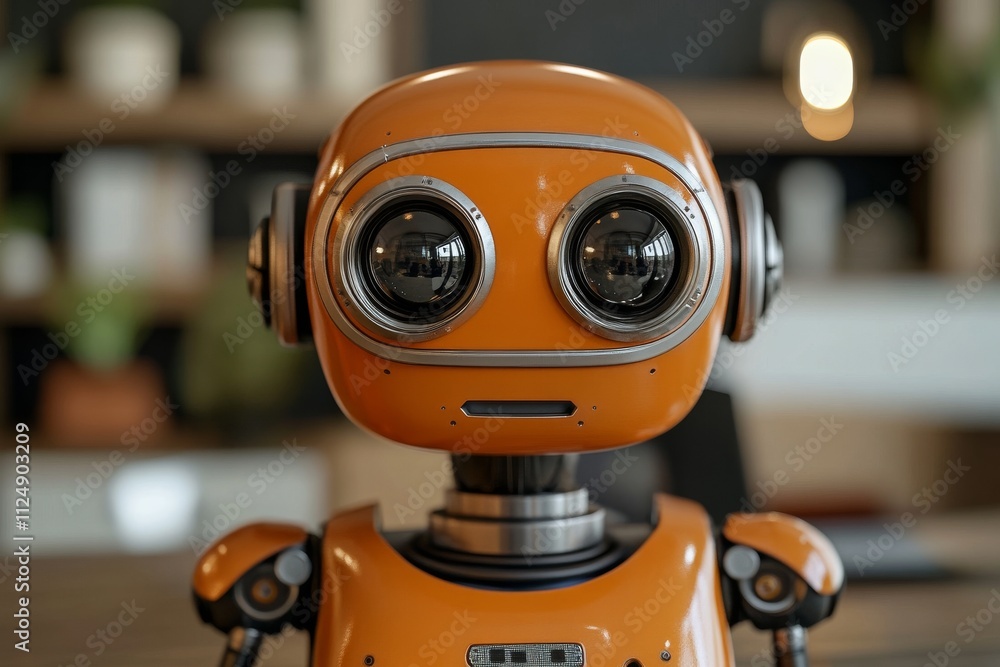Friendly orange robot stands out in modern workspace design with sleek furniture and a welcoming atmosphere