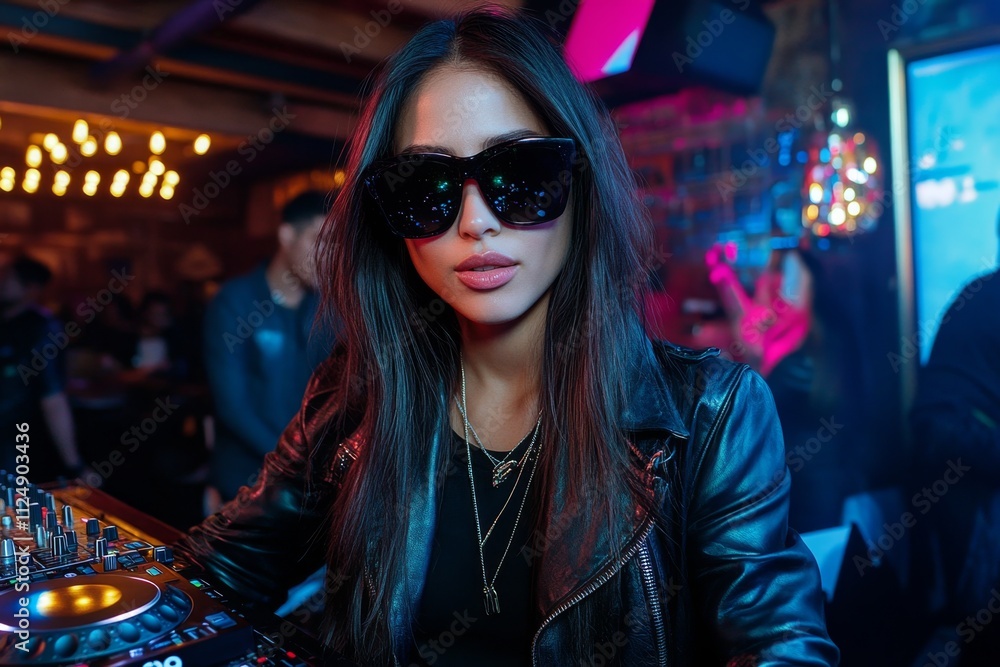 A vibrant image of a female DJ in a retro 80s-themed party, wearing oversized sunglasses and a leather jacket as she mixes A vibrant image of a female DJ in a retro 80s-themed party, wearing oversized sunglasses and a leather jacket as she mixes
