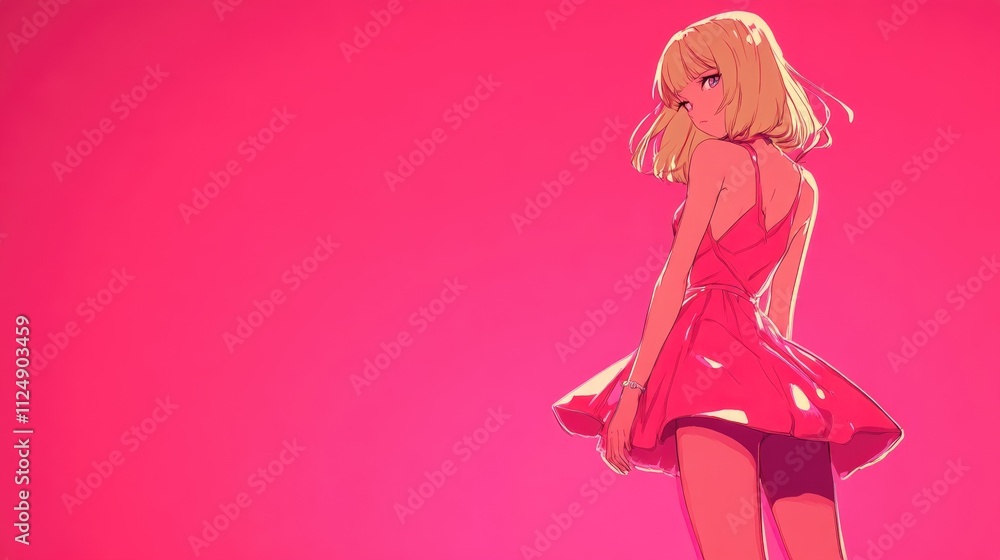 Anime black blond girl wearing pink dress isolated on neon pink background Anime black blond girl wearing pink dress isolated on neon pink background