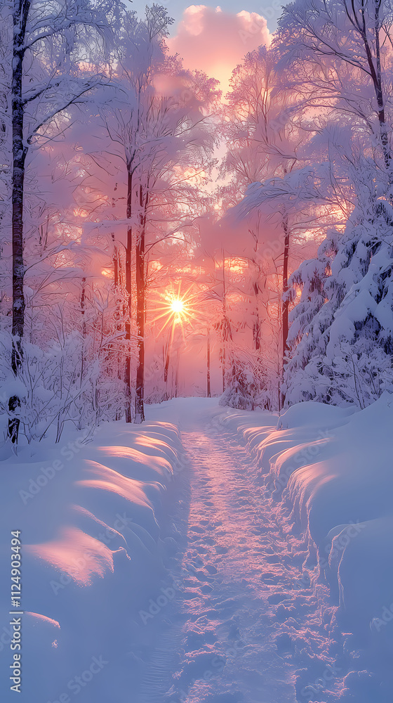 Naklejka premium There is a beautiful sunrise surrounded by white trees and a pastel sky. Perfect for winter travel photography, the scene is peaceful and serene.