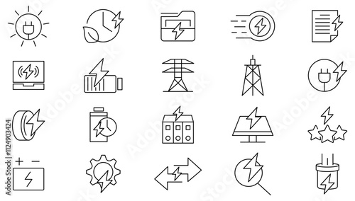 Charging line icon set. Containing charge, battery, energy, electricity, charger, recharge, electric car, power bank, headset, cable, sim card, and phone case line icon set. Ui thin line icon pack.