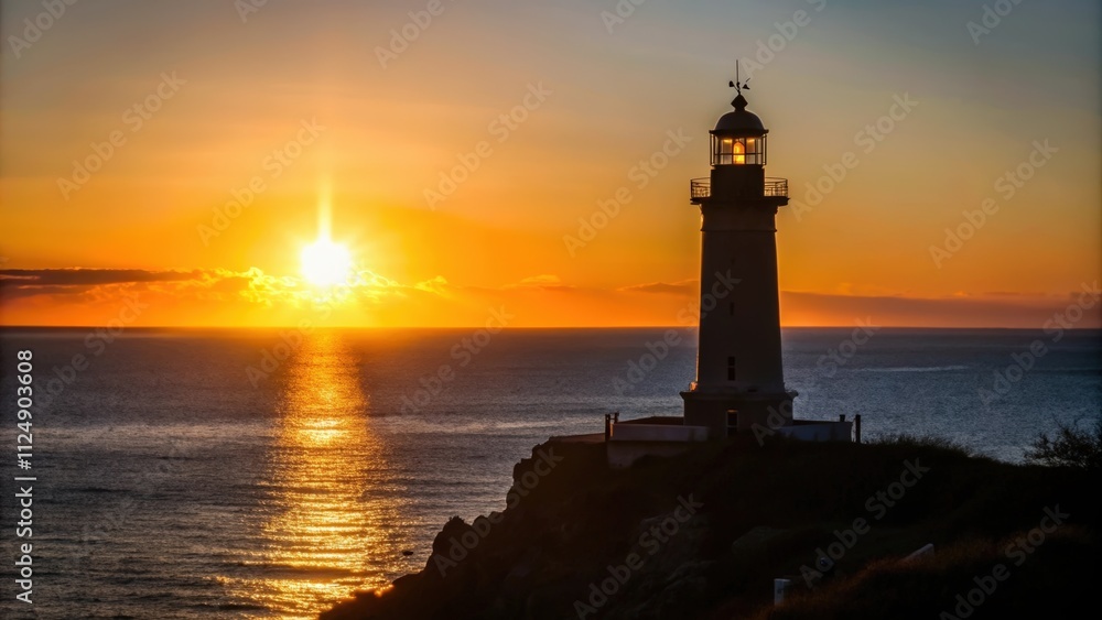 Silhouette of a Lighthouse with a Sunset and a Sea in the Background Silhouette of a Lighthouse with a Sunset and a Sea in the Background