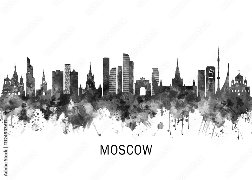 Fototapeta premium Moscow Russia Skyline BW, cityscape landscape watercolor painting print abstract splash illustration art modern urban poster artwork landmarks skyscrapers