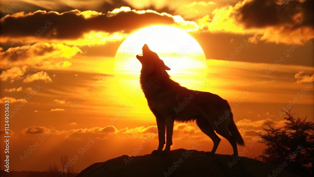 Wolf Silhouetted Against Sunset with Clouds and Sun Wolf Silhouetted Against Sunset with Clouds and Sun