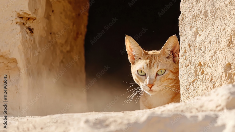 Ancient Egypt cat concept. A cat peeks out from a rustic doorway in a sandy environment. Ancient Egypt cat concept. A cat peeks out from a rustic doorway in a sandy environment.