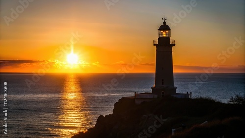 Silhouette of a Lighthouse with a Sunset and a Sea in the Background