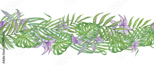 Watercolor tropical green purple leaves horizontal seamless banner. Hand painted tradescantia, palm, and monstera foliage pattern. Floral illustration for textile, holiday package, kitchen canvas