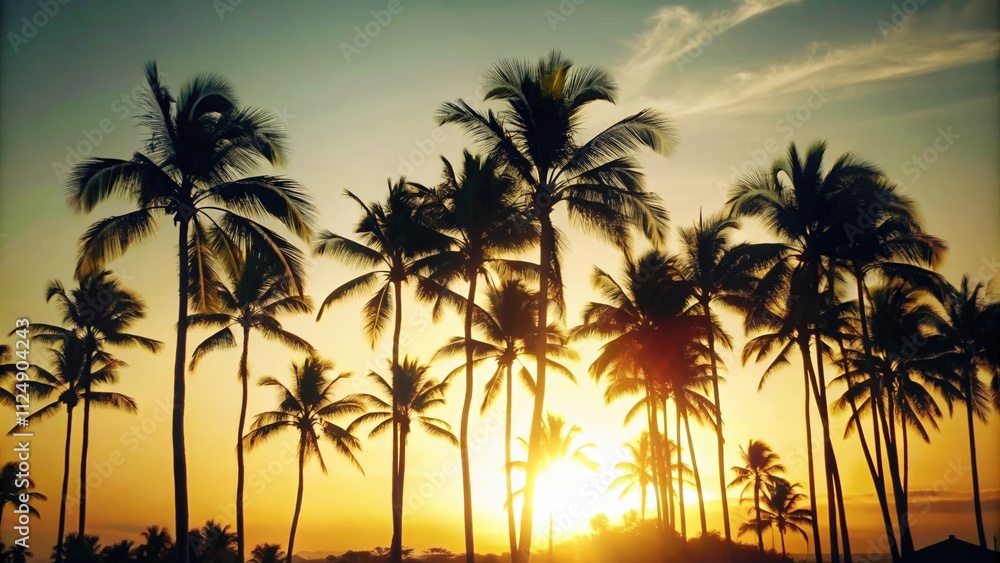 Silhouetted Palm Trees at Sunset with Bright Orange Sky Silhouetted Palm Trees at Sunset with Bright Orange Sky