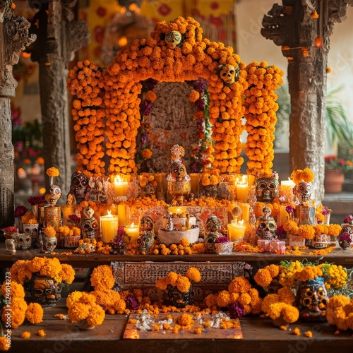 Traditional Day of the Dead Altar with Marigolds Indoors