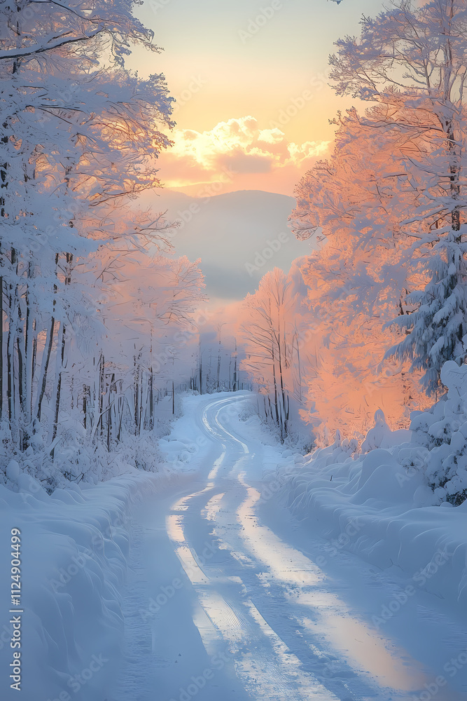 Naklejka premium There is a beautiful sunrise surrounded by white trees and a pastel sky. Perfect for winter travel photography, the scene is peaceful and serene.