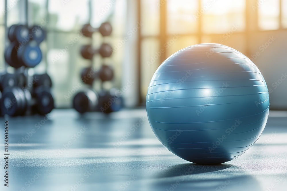 Blue exercise ball in sunny gym with weights in background Blue exercise ball in sunny gym with weights in background