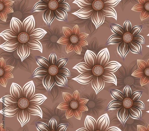Seamless hand drawn dahlia flowers vector pattern mocha mousse color