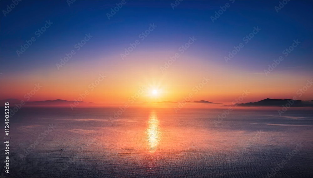 Fototapeta premium Golden Hour Above the Clouds: A breathtaking panorama of a sunrise over a sea of clouds, bathed in the warm hues of golden hour. The sun peeks through the mist.