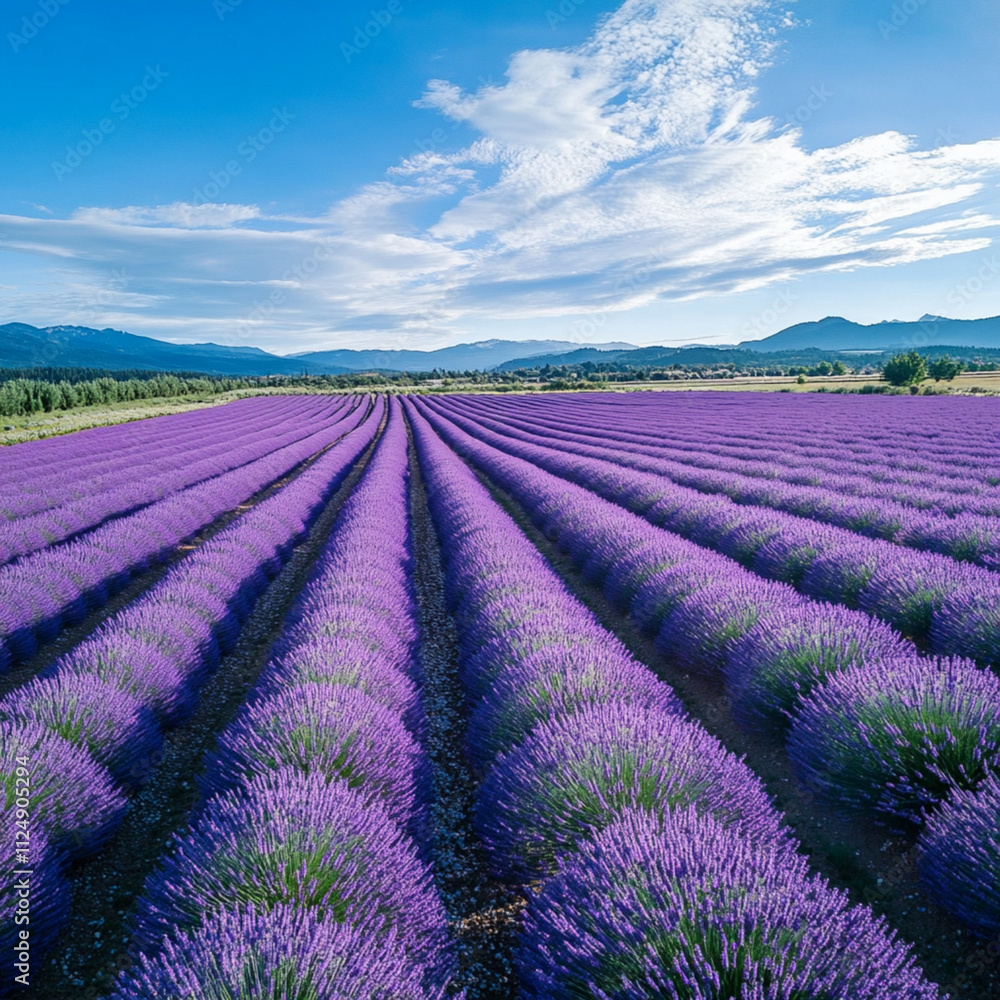 Fototapeta premium A vibrant purple expanse of lavender flowers blankets the rolling hills of the French countryside under a clear blue sky