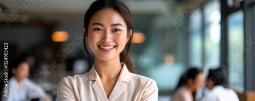 Young confident smiling Asian business woman leader, successful entrepreneur, elegant professional company executive ceo manager, wearing suit standing in office with arms crossed. Portrait