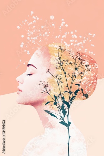 Abstract double exposure illustration of a woman with blooming flowers, soft pink tones, and a delicate artistic style, modern and feminine design