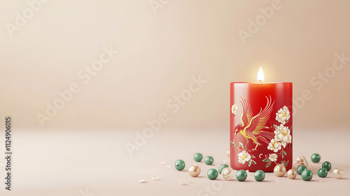 Red Candle with Phoenix Design