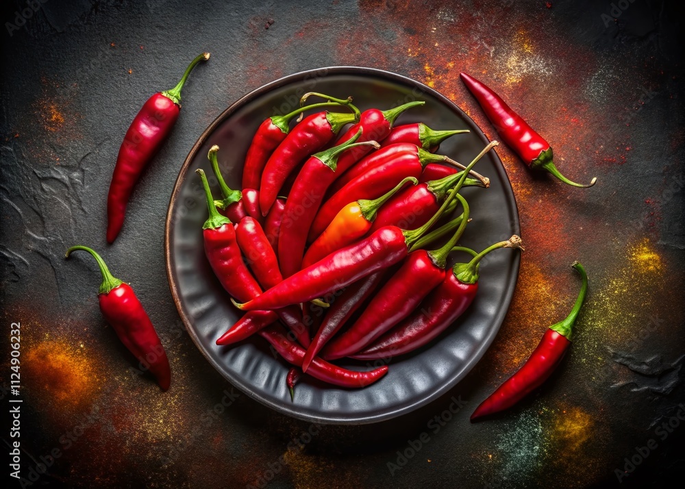 Captivating Low Light Photography of Vibrant Red Hot Chili Peppers Artfully Arranged on a Dark Plate, Highlighting Their Texture and Rich Colors for Culinary Inspiration Captivating Low Light Photography of Vibrant Red Hot Chili Peppers Artfully Arranged on a Dark Plate, Highlighting Their Texture and Rich Colors for Culinary Inspiration