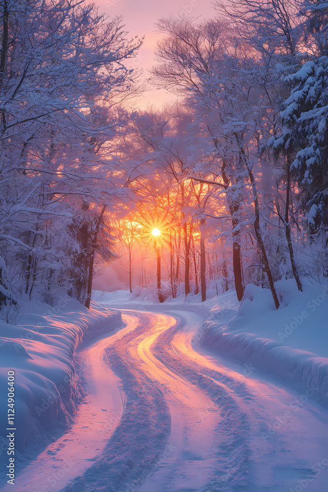 There is a beautiful sunrise surrounded by white trees and a pastel sky. Perfect for winter travel photography, the scene is peaceful and serene.