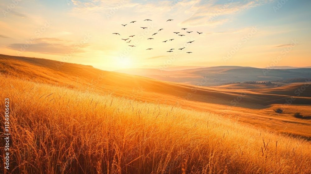 Serene Sunrise Over Golden Savannah with Flying Birds Serene Sunrise Over Golden Savannah with Flying Birds