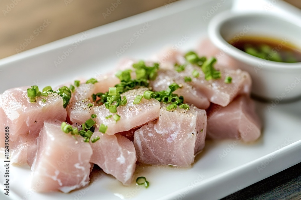 Fresh, raw tuna sashimi cubes arranged on a white plate, seasoned with chopped chives and pepper, ready for dipping in soy sauce, creating an appetizing culinary scene Fresh, raw tuna sashimi cubes arranged on a white plate, seasoned with chopped chives and pepper, ready for dipping in soy sauce, creating an appetizing culinary scene