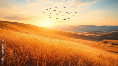 Serene Sunrise Over Golden Savannah with Flying Birds