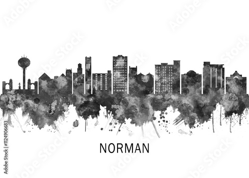 Norman Oklahoma Skyline BW, cityscape landscape watercolor painting print poster abstract splash illustration urban art modern downtown landmarks skyscrapers