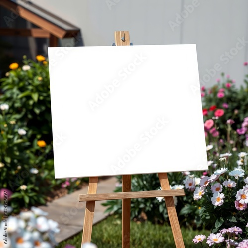 A mockup of a white canvas on an easel in the middle of a garden and flowers painting on a stretcher banner mockup advertising blank business display template photo