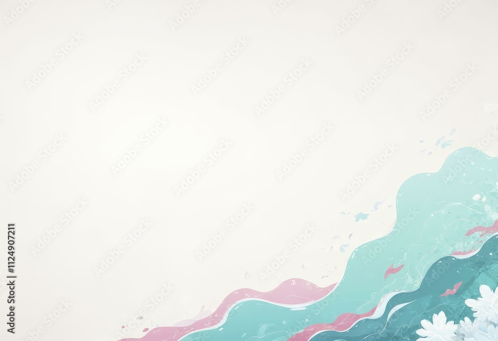 Digital illustration of fluid waves in pastel shades of pink, teal, and white against a light beige background Digital illustration of fluid waves in pastel shades of pink, teal, and white against a light beige background