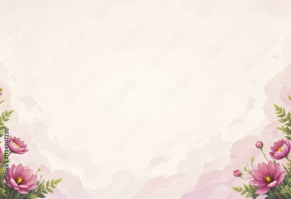 Digital watercolor-style illustration of pink flowers and green leaves in the corners on a soft cream background