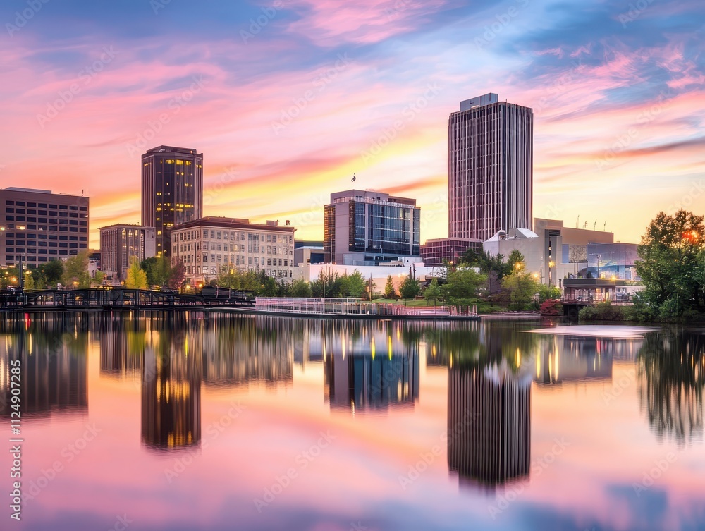 Naklejka premium Reflections of hope Concept. A vibrant city skyline at sunset, reflected in a calm river, showcasing modern architecture and colorful clouds.